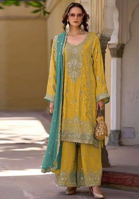 Yellow Embroidered Chinon Kurta Set