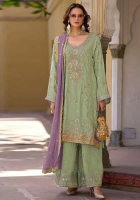 Sea Green Embroidered Chinon Kurta Set