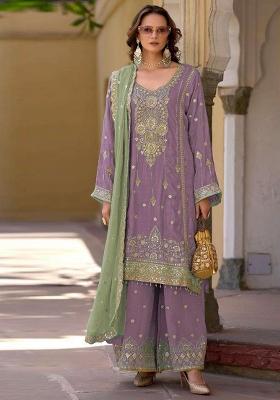 Lavender Embroidered Chinon Kurta Set