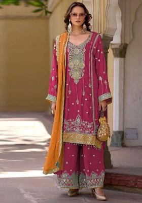 Red Embroidered Chinon Kurta Set