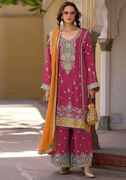 Red Embroidered Chinon Kurta Set