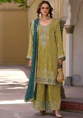 Green Embroidered Chinon Kurta Set