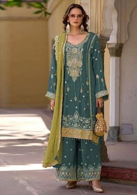 Teal Green Embroidered Chinon Kurta Set