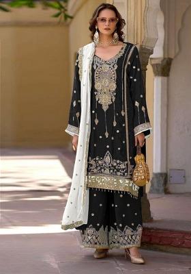 Black Embroidered Chinon Kurta Set