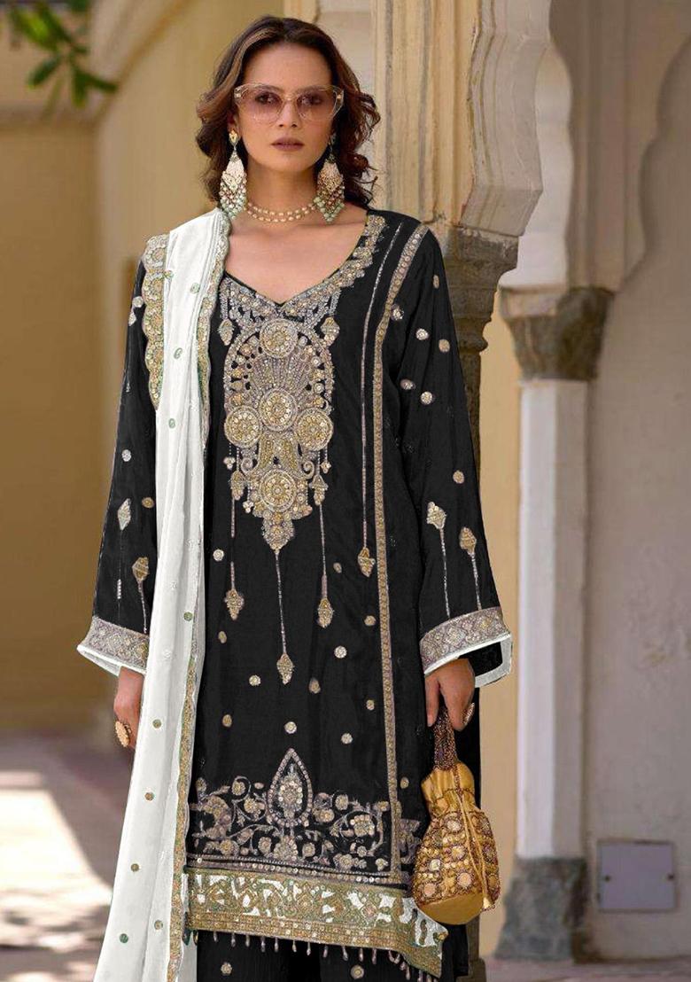 Black Embroidered Chinon Kurta Set - Indya