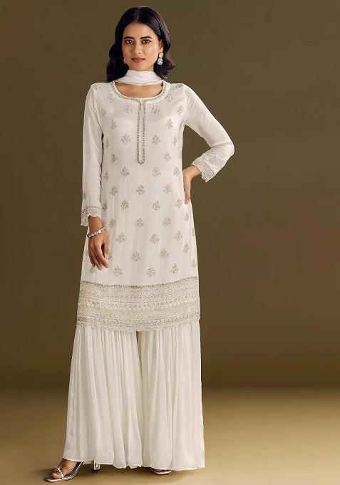 White Embroidered Chinon Kurta Set