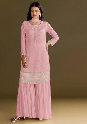 Pink Embroidered Chinon Kurta Set