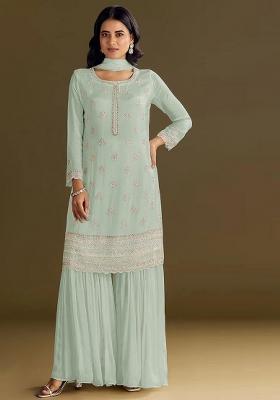 Sea Green Embroidered Chinon Kurta Set