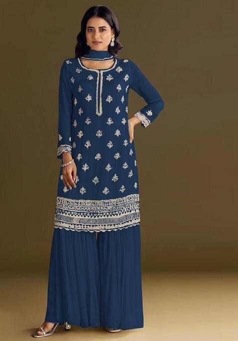 Navy Blue Embroidered Chinon Kurta Set