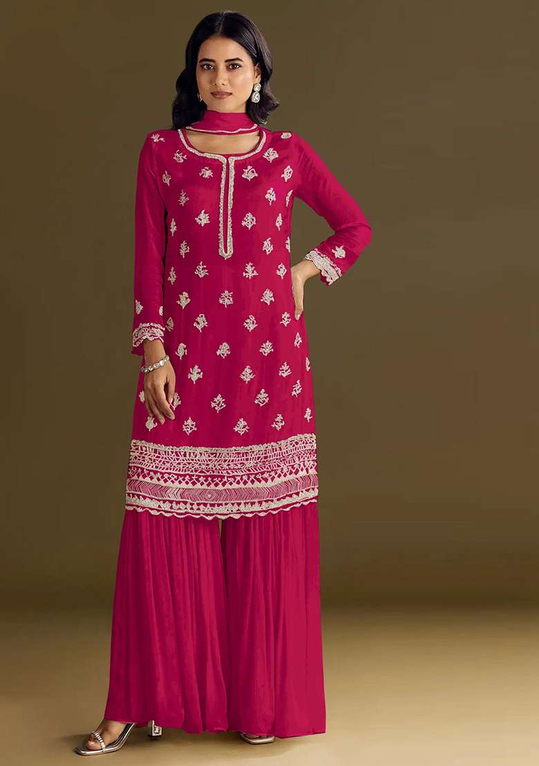 Red Embroidered Chinon Sharara Set - Indya