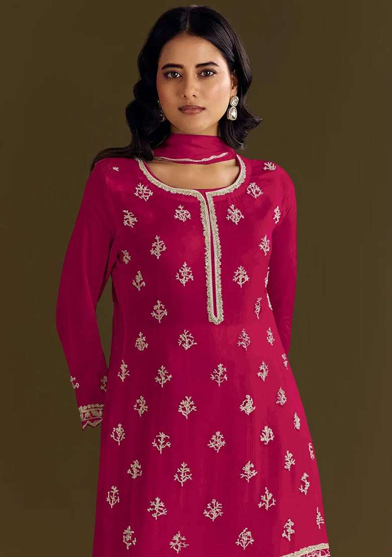 Red Embroidered Chinon Sharara Set - Indya