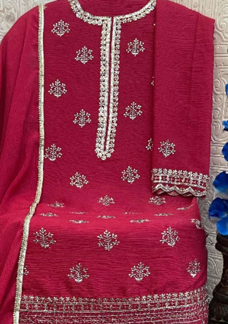 Red Embroidered Chinon Sharara Set - Indya