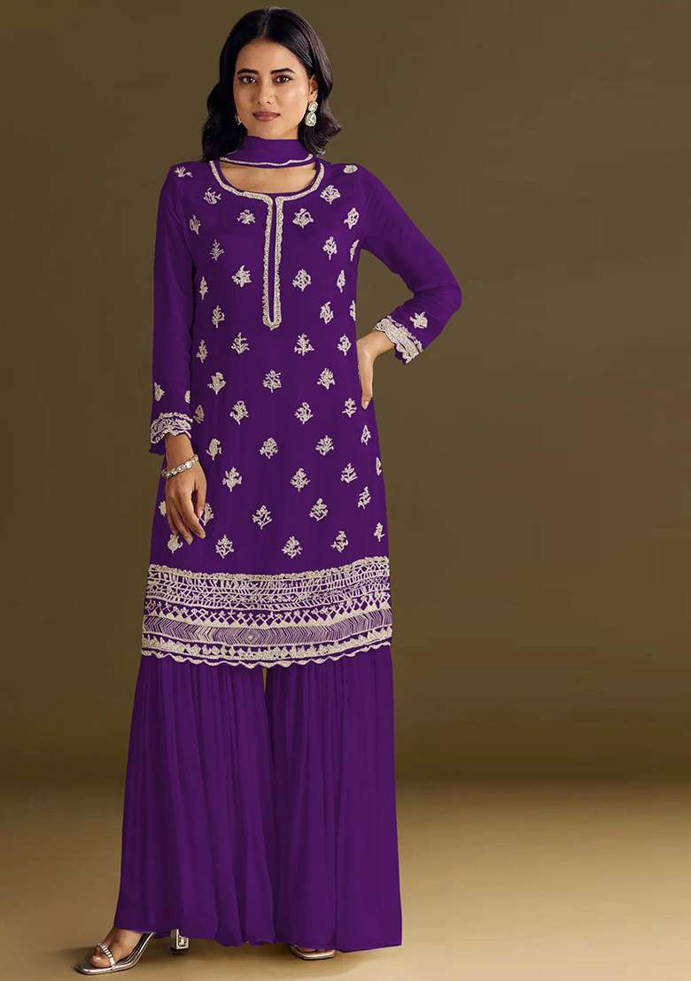 Violet Embroidered Chinon Sharara Set - Indya