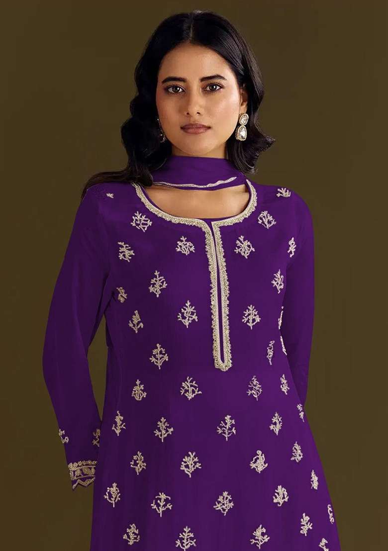 Violet Embroidered Chinon Sharara Set - Indya