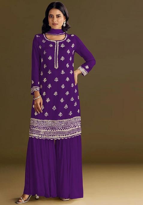 Violet Embroidered Chinon Kurta Set