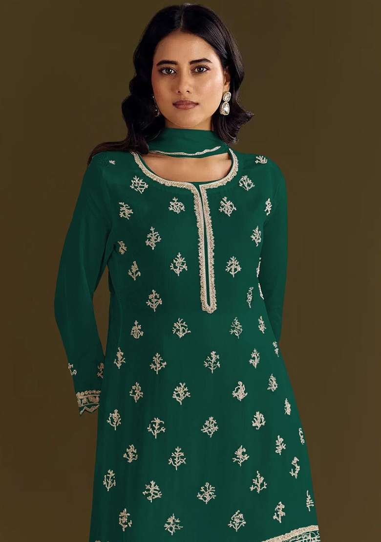 Dark Green Embroidered Chinon Sharara Set - Indya