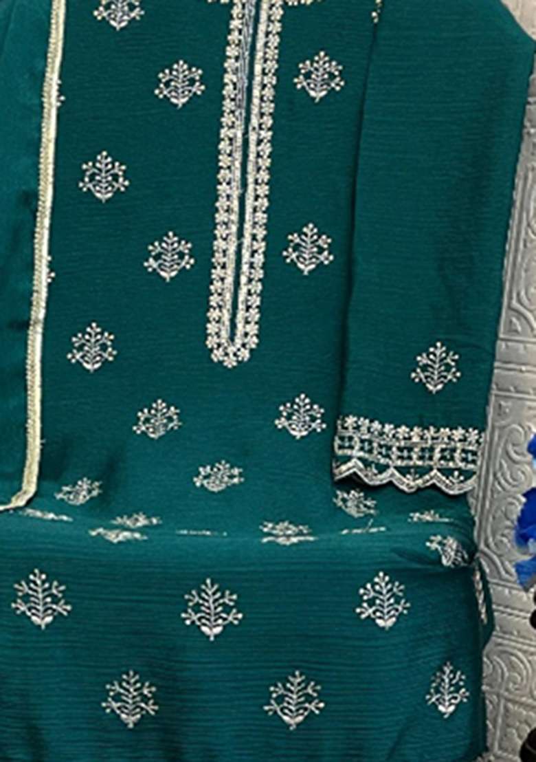 Dark Green Embroidered Chinon Sharara Set - Indya