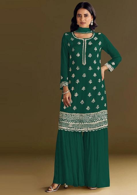 Dark Green Embroidered Chinon Sharara Set
