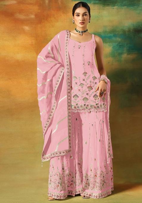 Pink Embroidered Georgette Kurta Set
