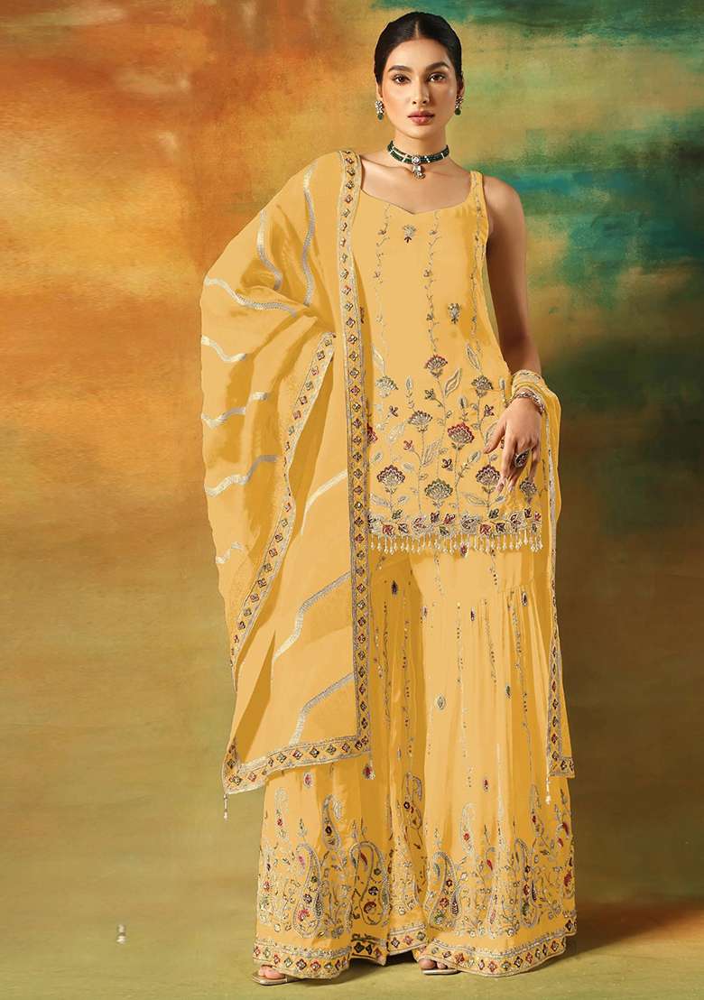 Yellow Embroidered Georgette Sharara Set - Indya