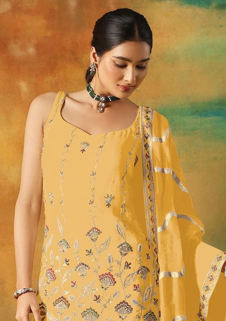 Yellow Embroidered Georgette Sharara Set - Indya
