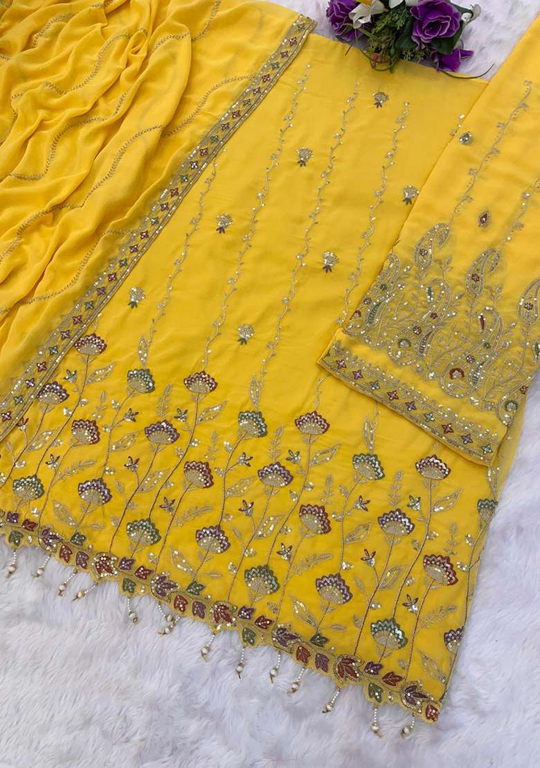 Yellow Embroidered Georgette Sharara Set - Indya