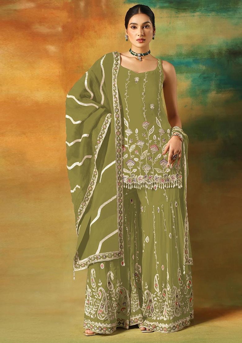 Parrot Green Embroidered Georgette Kurta Set
