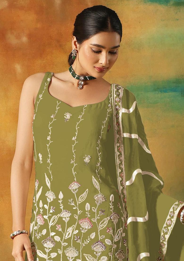 Parrot Green Embroidered Georgette Kurta Set