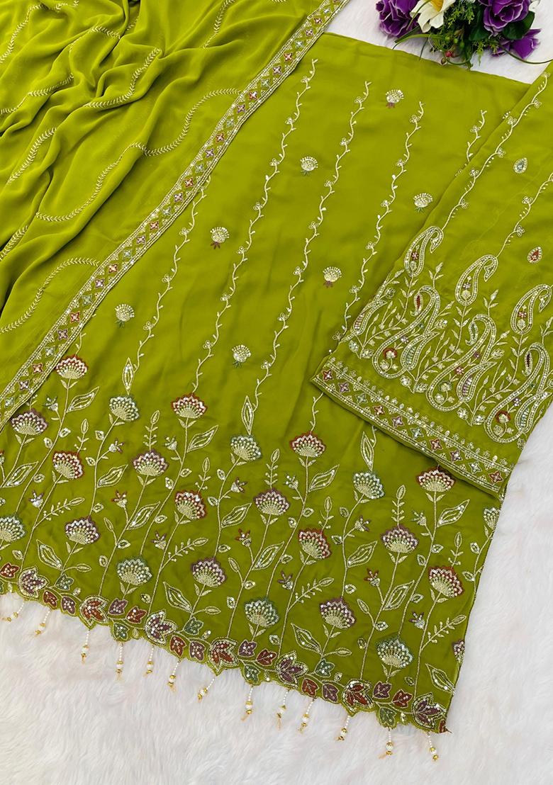 Parrot Green Embroidered Georgette Kurta Set