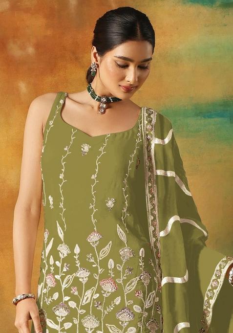 Parrot Green Embroidered Georgette Kurta Set
