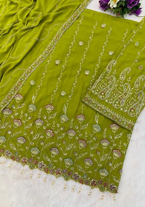 Parrot Green Embroidered Georgette Kurta Set
