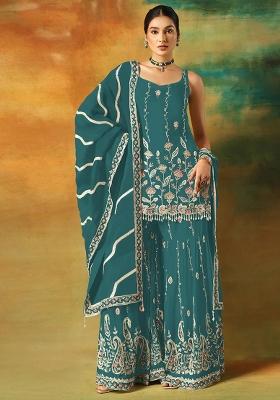 Teal Blue Embroidered Georgette Kurta Set