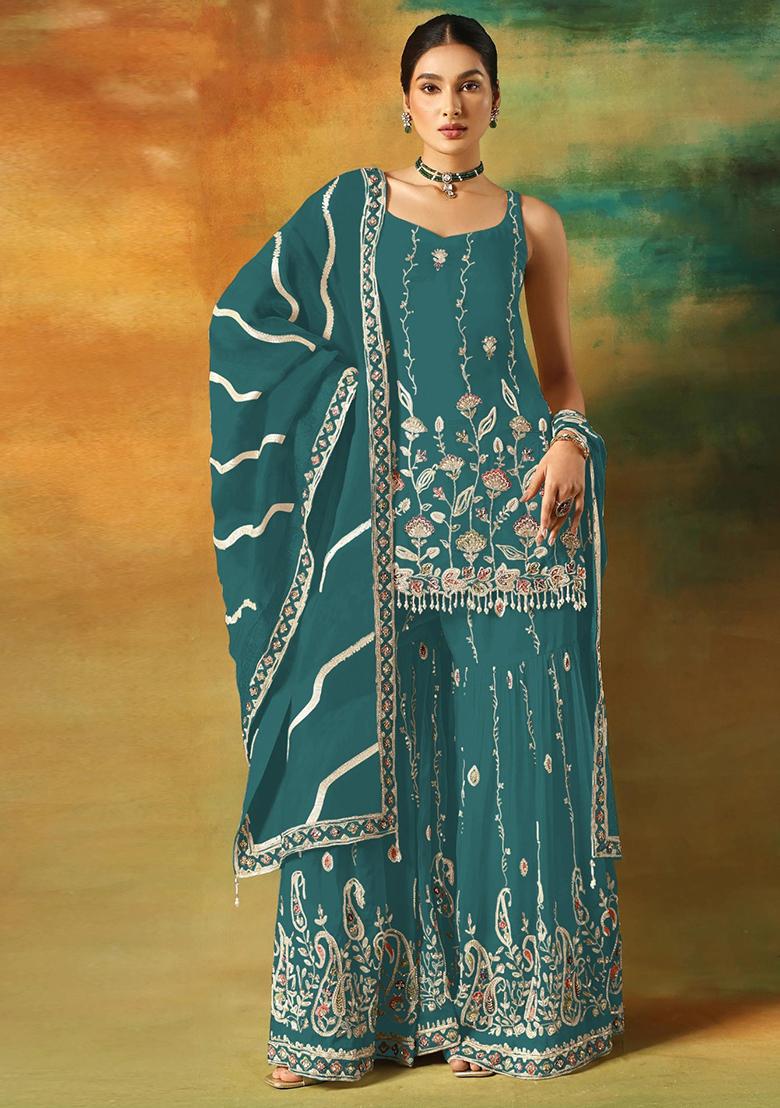 Teal Blue Embroidered Georgette Kurta Set