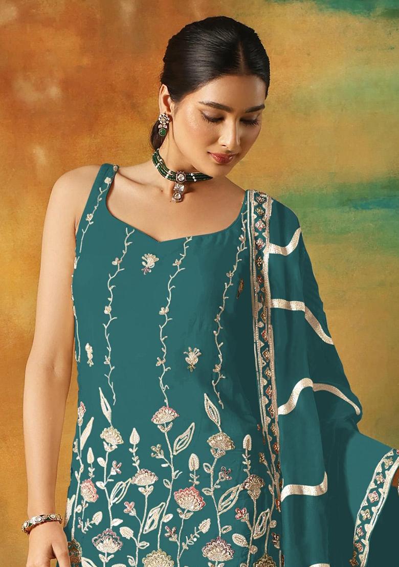 Teal Blue Embroidered Georgette Kurta Set