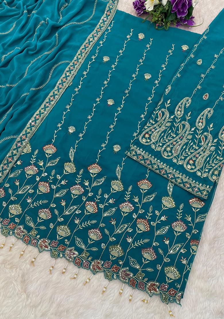 Teal Blue Embroidered Georgette Kurta Set