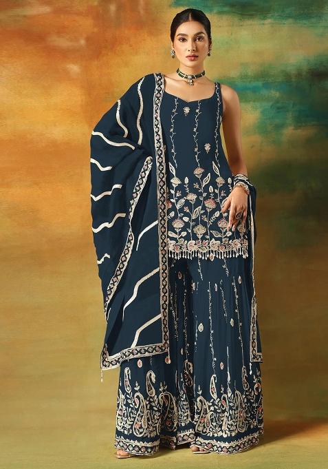 Navy Blue Embroidered Georgette Kurta Set