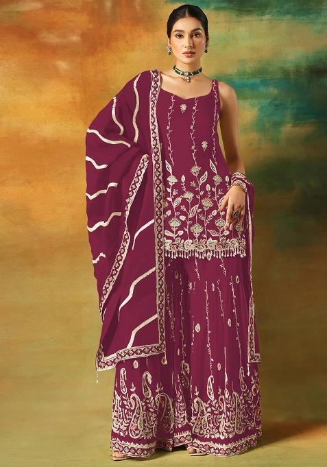 Maroon Embroidered Georgette Kurta Set