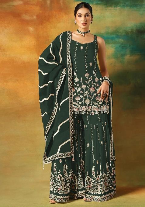 Dark Green Embroidered Georgette Sharara Set