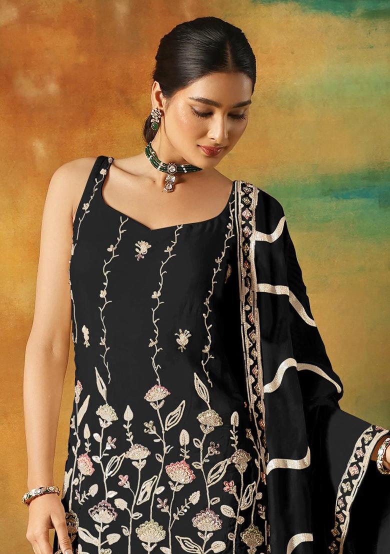 Black Embroidered Georgette Kurta Set - Indya