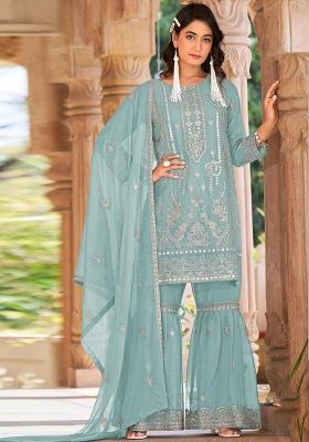 Sky Blue Embroidered Organza Kurta Set