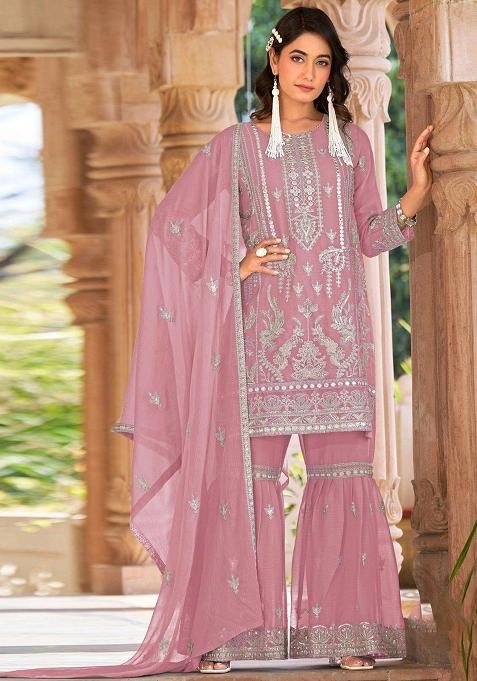 Pink Embroidered Organza Sharara Set