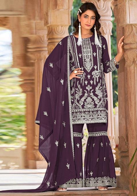 Purple Embroidered Organza Kurta Set