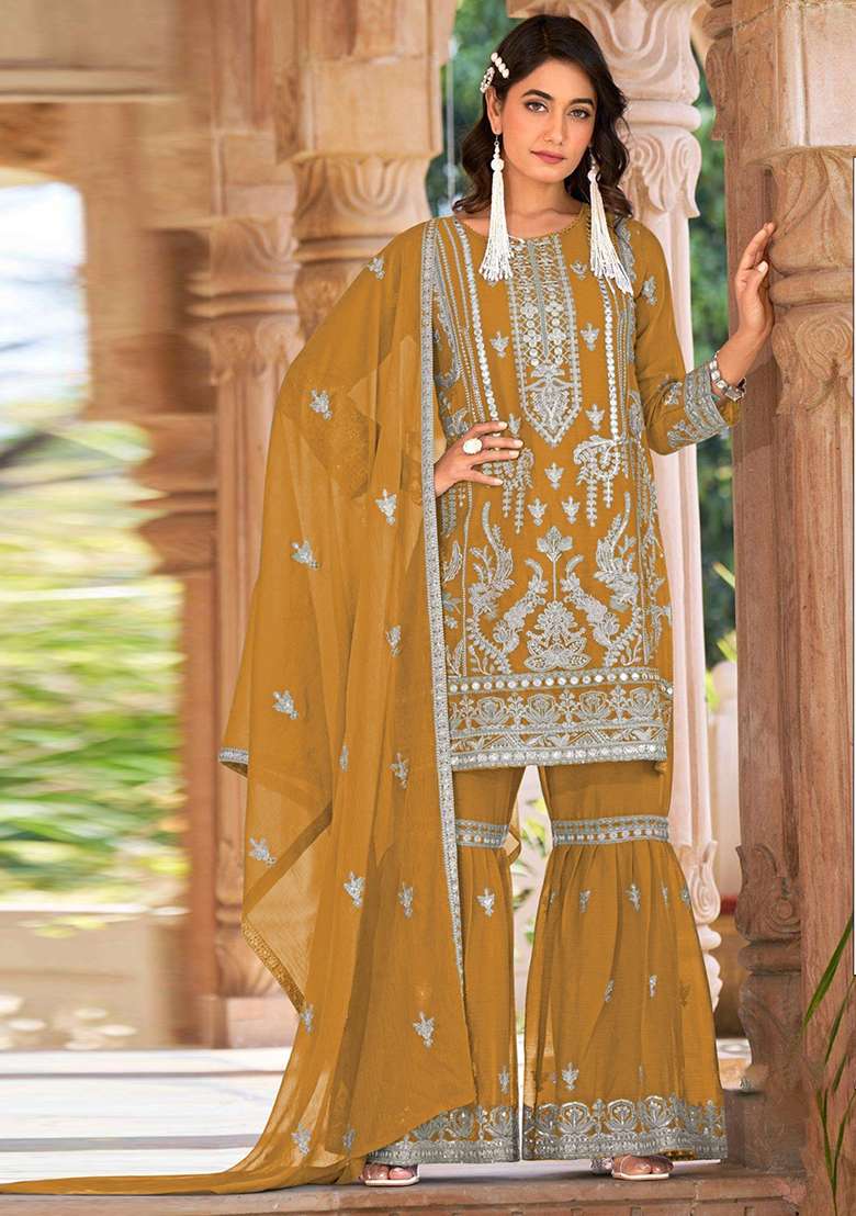 Gold Embroidered Organza Sharara Set - Indya
