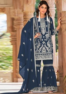 Navy Blue Embroidered Organza Kurta Set