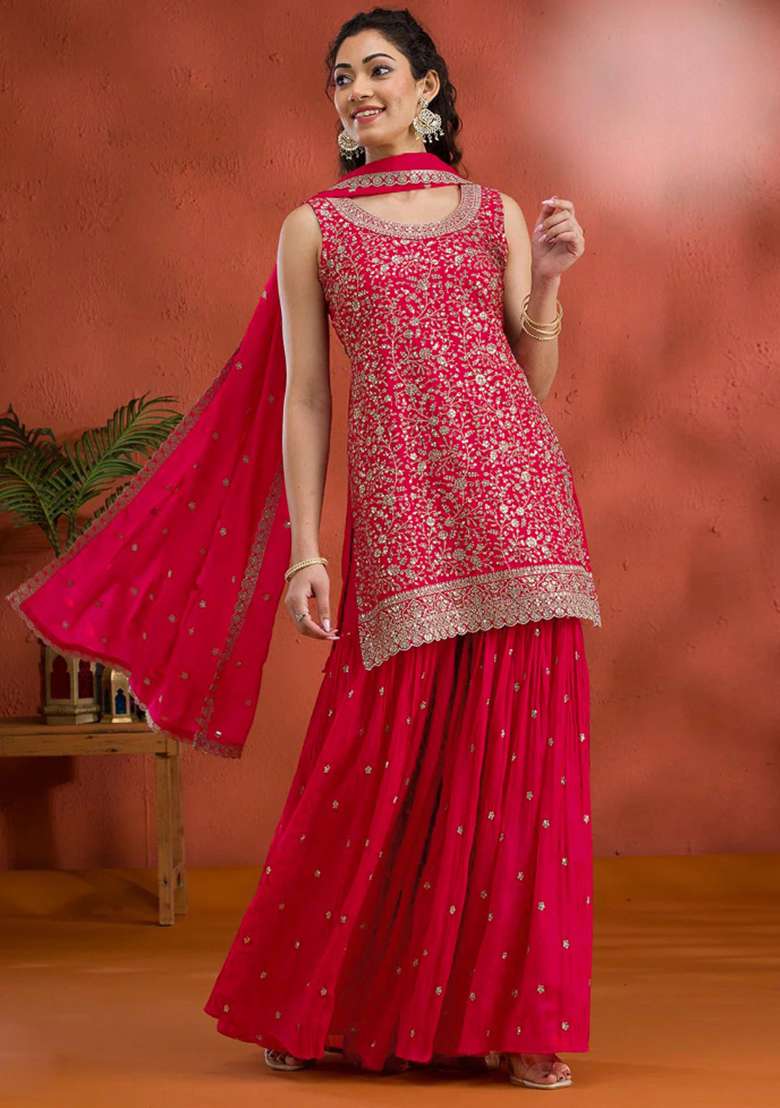 Red Embroidered Georgette Sharara Set - Indya