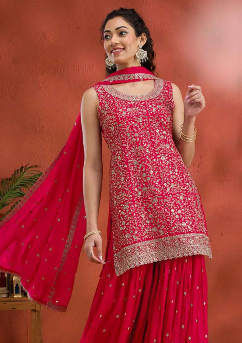 Red Embroidered Georgette Sharara Set - Indya