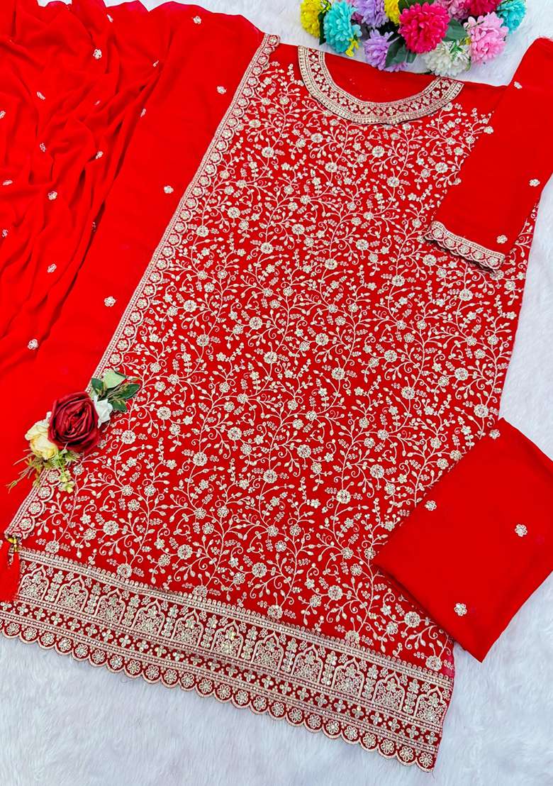 Red Embroidered Georgette Sharara Set - Indya