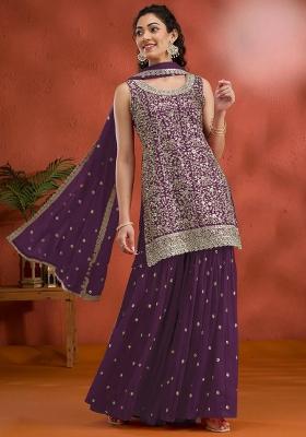 Purple Embroidered Georgette Kurta Set