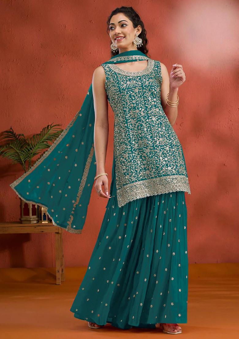 Teal Green Embroidered Georgette Kurta Set