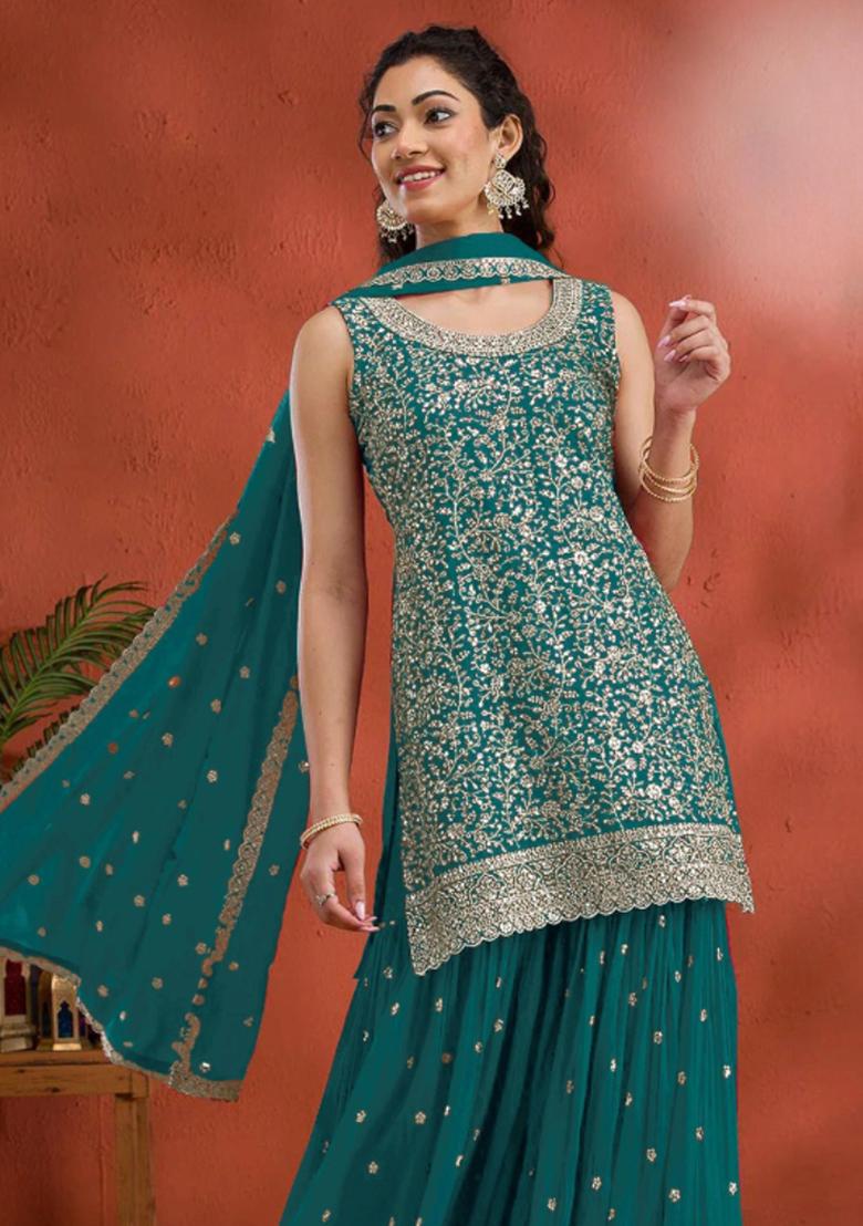 Teal Green Embroidered Georgette Kurta Set